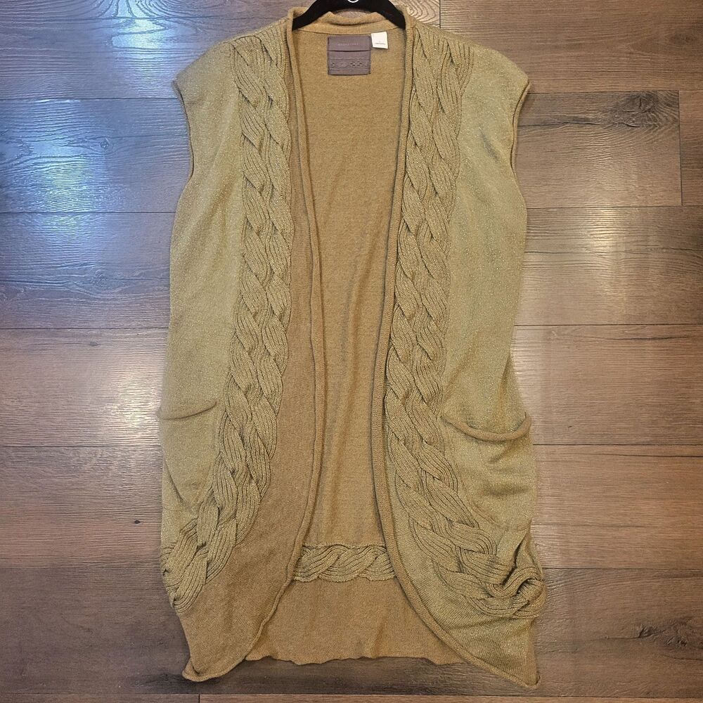 Anthro Guinevere Olive Vest Duster Linen Cable Knit Forest Fairy Grunge Boho